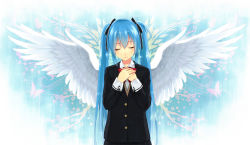 Rule 34 | angel wings, blue hair, bug, butterfly, closed eyes, hands on own chest, hatsune miku, highres, insect, kurasawa moko, light smile, long hair, school uniform, solo, twintails, vocaloid, wings