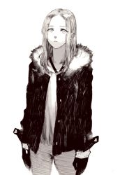 Rule 34 | 1girl, cowboy shot, expressionless, forehead, fur-trimmed jacket, fur trim, gloves, greyscale, highres, jacket, jun (navigavi), long sleeves, looking at viewer, medium hair, monochrome, original, pants, parted bangs, parted lips, shirt, simple background, solo, standing, straight hair, white background