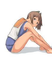 Rule 34 | 10s, 1girl, bare legs, bare shoulders, barefoot, brown eyes, brown hair, dark-skinned female, dark skin, from side, hands on feet, i-401 (kancolle), kantai collection, knees to chest, looking at viewer, one-piece swimsuit, ponytail, sailor collar, school swimsuit, school uniform, serafuku, simple background, sitting, smile, solo, swimsuit, swimsuit under clothes, taruya, white background