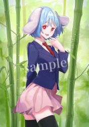 Rule 34 | 1girl, bamboo, bamboo forest, black jacket, black thighhighs, blazer, blue hair, collared shirt, commentary request, commission, cowboy shot, floppy ears, forest, highres, jacket, long sleeves, looking at viewer, nature, necktie, open mouth, outdoors, pink skirt, red eyes, red necktie, reisen (touhou bougetsushou), sample watermark, shirt, short hair, skeb commission, skirt, solo, thighhighs, tohoyuukarin, touhou, watermark, white shirt