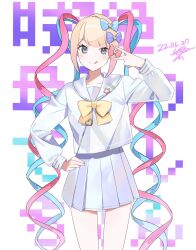 Rule 34 | 1girl, blonde hair, blue bow, blue eyes, blue hair, blue nails, blue shirt, blue skirt, bow, chouzetsusaikawa tenshi-chan, dated, hair bow, hand on own hip, highres, holographic clothing, long hair, long sleeves, looking at viewer, multicolored hair, multicolored nails, multiple hair bows, needy girl overdose, pin, pink bow, pink hair, pink nails, pleated skirt, purple bow, quad tails, sailor collar, school uniform, serafuku, shirt, signature, skirt, smile, solo, standing, twintails, v over eye, very long hair, yellow bow, yellow nails, yuuhi homare