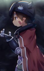 Rule 34 | 1boy, brown hair, cape, child, clant st, commentary request, dark skin, facial mark, from side, hairband, helmet, highres, looking to the side, made in abyss, male focus, mechanical arms, pointy ears, regu (made in abyss), short hair, solo, yellow eyes