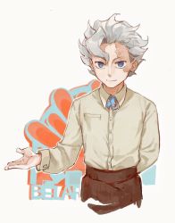 Rule 34 | 1boy, alternate costume, arm behind back, asymmetrical bangs, belafu (human), blue eyes, breast pocket, burn scar, character name, closed mouth, collared shirt, contemporary, cowboy shot, cropped legs, cross tie, dress shirt, formal, grey hair, highres, long sleeves, looking at viewer, made in abyss, male focus, open hand, pocket, red pupils, sansanpai, scar, scar on face, shirt, shirt tucked in, short hair, smile, solo, split mouth, v-shaped eyebrows, white background, white shirt, wing collar