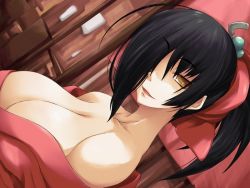 Rule 34 | 1girl, bare shoulders, black hair, breasts, cleavage, dutch angle, g munyo, game cg, greensvale no mori no naka, hair over one eye, huge breasts, lips, lipstick, makeup, ponytail, smile, solo, source request, yellow eyes