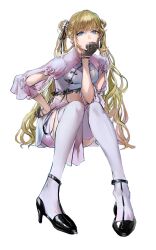 Rule 34 | 1girl, black footwear, black gloves, blonde hair, blue eyes, breasts, cattleya regina games, closed mouth, clothing cutout, crop top, double bun, elbow rest, gloves, hair bun, half gloves, hanabusa lisa, hand on own hip, high heels, highres, invisible chair, looking at viewer, midriff, miniskirt, otimusyairoha, pink skirt, shirt, shrug (clothing), sidelocks, sitting, skirt, small breasts, smile, solo, strappy heels, thighhighs, twintails, virtual youtuber, vspo!, white shirt, white thighhighs