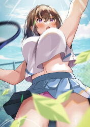 Rule 34 | 1girl, blue skirt, blue sky, breasts, chain-link fence, cloud, cloudy sky, convenient censoring, crop top, crop top overhang, day, fence, hawawa-chan (shiro kuma shake), highres, holding, holding racket, large breasts, miniskirt, navel, open mouth, original, panties, pink panties, playing sports, pleated skirt, racket, shiro kuma shake, skirt, sky, sleeveless, solo, sportswear, tennis racket, tennis uniform, two-tone shirt, underwear