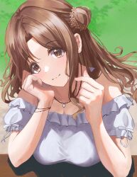 Rule 34 | 1girl, absurdres, blush, breast rest, breasts, brown hair, cleavage, finger heart, frilled shirt collar, frills, hair bun, hand on own cheek, hand on own face, head rest, head tilt, highres, ichikawa hinana, idolmaster, idolmaster shiny colors, jewelry, large breasts, light smile, looking at viewer, necklace, off-shoulder shirt, off shoulder, parted bangs, shirt, simple background, single side bun, solo, upper body, ushimo (dztu8434), wavy hair, white shirt