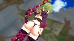 Rule 34 | 1girl, 3d, armor, artist request, ass, from behind, genshin impact, gloves, green hair, hair ornament, highres, huge ass, kuki shinobu, long hair, looking at viewer, looking back, mask, ninja, ponytail, purple eyes, rope, shimenawa, shiny skin, solo, standing, sweat, tattoo, thighhighs, thong