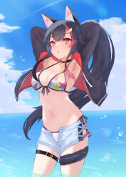 Rule 34 | 1girl, absurdres, animal ear fluff, animal ears, armpits, arms behind head, arms up, bikini, black choker, black hair, black jacket, blue shorts, blue sky, breasts, chestnut mouth, choker, cleavage, cloud, cloudy sky, contrapposto, cowboy shot, cropped jacket, day, front-tie bikini top, front-tie top, hair between eyes, hair ornament, highres, hololive, horizon, jacket, large breasts, leaf print, light blush, long hair, long sleeves, makimakiwo, multicolored hair, navel, ookami mio, open clothes, open jacket, open shorts, outdoors, parted lips, ponytail, print bikini, shorts, side-tie bikini bottom, sidelocks, sky, solo, standing, streaked hair, string bikini, swimsuit, tail, tail wrap, thigh strap, underboob, very long hair, virtual youtuber, water, water drop, wolf ears, wolf girl, wolf tail, yellow eyes