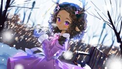 Rule 34 | 1girl, animal, animal ears, antlers, bench, bird, black hair, blue gloves, blush, capelet, cheli (kso1564), copyright request, dark-skinned female, dark skin, day, flower, forehead, fur-trimmed sleeves, fur trim, gloves, hair flower, hair ornament, hands up, highres, holding, holding animal, horns, jacket, long sleeves, looking at viewer, looking to the side, outdoors, parted lips, pleated skirt, purple capelet, purple eyes, purple jacket, purple skirt, skirt, snow, snowing, solo, thick eyebrows, virtual youtuber, white flower