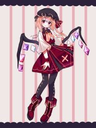 Rule 34 | adapted costume, ascot, belt, black hat, black pantyhose, blonde hair, boots, closed mouth, commentary, crystal, dated, flandre scarlet, hat, lennonrine, looking at viewer, mob cap, one-hour drawing challenge, one side up, pantyhose, red eyes, red footwear, signature, striped, striped background, touhou, wings, yellow ascot
