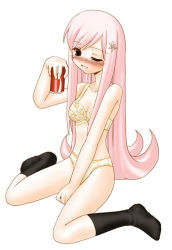 Rule 34 | 00s, 1girl, 2005, black socks, blush, bra, can, coca-cola, drink, drink can, full-face blush, full body, lingerie, lucy maria misora, mizuna (water emp-tei), panties, simple background, sitting, socks, soda can, solo, to heart (series), to heart 2, underwear, underwear only, wariza, white background
