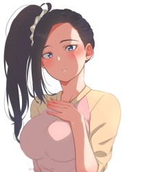 Rule 34 | 1girl, :o, black hair, blue eyes, blush, boku no hero academia, breasts, earrings, female focus, hand on own chest, highres, jewelry, large breasts, long hair, looking at viewer, mikazuki eru, ponytail, simple background, solo, standing, tagme, teeth, white background, yaoyorozu momo