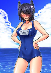 Rule 34 | 10s, 1girl, beach, black hair, eyepatch, highres, kantai collection, one-piece swimsuit, personification, school swimsuit, short hair, shoukaki (earthean), solo, swimsuit, tenryuu (kancolle), yellow eyes