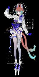 Rule 34 | 1girl, aqua hair, asymmetrical legwear, black background, blue eyes, blue hands, blue skin, cat girl, collar, collared shirt, colored extremities, colored skin, expressionless, frilled shirt, frilled sleeves, frills, full body, heterochromia, highres, hollow body, long legs, looking at viewer, marking on cheek, multicolored hair, multiple tails, orange hair, orbital path, original, pantyhose, pink eyes, platform footwear, purple collar, s xing guowang, shirt, simple background, solo, sparkle, standing, tail, thigh strap, two-tone hair, two tails, white footwear, white pantyhose, white shirt