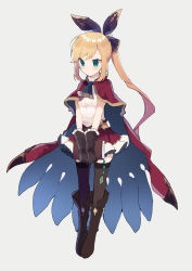 Rule 34 | 1girl, ascot, bad id, bad tumblr id, blonde hair, blue ascot, blue eyes, blush, book, boots, bow, brown footwear, brown gloves, brown thighhighs, cape, clarisse (granblue fantasy), closed mouth, full body, gloves, granblue fantasy, grey background, hair bow, holding, holding book, ikeuchi tanuma, knee boots, legs together, long hair, pleated skirt, ponytail, red cape, red skirt, shirt, simple background, skirt, solo, standing, thighhighs, white shirt