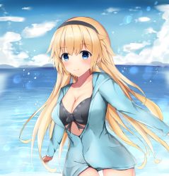 Rule 34 | 1girl, beach, bikini, black bikini, black bow, black hairband, blonde hair, blue eyes, blue jacket, blue sky, blush, bow, braid, breasts, cleavage, cloud, commentary request, day, fate/apocrypha, fate/grand order, fate (series), hairband, headpiece, highres, jacket, jeanne d&#039;arc (fate), jeanne d&#039;arc (ruler) (fate), jeanne d&#039;arc (swimsuit archer) (fate), jeanne d&#039;arc (swimsuit archer) (first ascension) (fate), large breasts, long hair, long sleeves, looking at viewer, outdoors, single braid, sky, smile, solo, swimsuit, taikoi7, very long hair, water