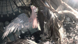 Rule 34 | 1girl, angel wings, blurry, blurry background, chinese commentary, chinese text, commentary request, english text, facing viewer, feathered wings, feathers, highres, long hair, nun, official art, open mouth, original, pink hair, sample watermark, senryoko, sunlight, tree, very long hair, watermark, white wings, wings