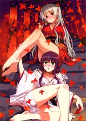 Rule 34 | 2girls, :o, absurdres, alcohol, ankle grab, autumn leaves, bare legs, barefoot, blush, breasts, choker, cleavage, collarbone, crossed legs, cup, drunk, earrings, feet, full-face blush, green eyes, highres, huge filesize, japanese clothes, jewelry, kimono, koume keito, leaf, legs, long hair, maple leaf, medium breasts, multiple girls, obi, off shoulder, open mouth, original, purple hair, red eyes, sakazuki, sake, sash, scan, silver hair, sitting, smile, toes, torii, two side up