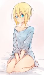 Rule 34 | 10s, 1girl, aqua eyes, between legs, blonde hair, blush, edna (tales), flat chest, full body, gradient background, hand between legs, looking at viewer, naked shirt, off shoulder, on bed, shirt, short hair, sitting, solo, t-shirt, tales of (series), tales of zestiria, tusia, wariza