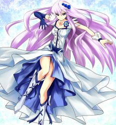 Rule 34 | 10s, 1girl, asymmetrical clothes, bad id, bad pixiv id, blue eyes, blue flower, blue rose, boots, bow, breasts, brooch, cure moonlight, dress, elbow gloves, flower, gloves, hair flower, hair ornament, heart, heart brooch, heartcatch precure!, knee boots, long hair, magical girl, medium breasts, no choker, precure, purple hair, rose, single elbow glove, single glove, solo, takabow, tsukikage yuri, very long hair, waist bow, wrist cuffs