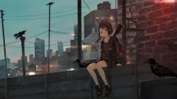 Rule 34 | 1girl, arm support, backpack, bag, bird, black footwear, brown eyes, brown hair, catzz, cityscape, closed mouth, collarbone, crow, frown, grey shirt, gun, hair ornament, hairclip, highres, hood, hoodie, juice box, long sleeves, looking at viewer, night, original, outdoors, scenery, shirt, shoes, short hair, sitting, sneakers, solo, weapon