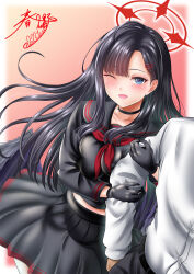 Rule 34 | 1boy, 1girl, black choker, black gloves, black hair, black sailor collar, black skirt, blue archive, blue eyes, blush, breasts, choker, commentary request, dated, gloves, gradient background, halo, highres, ichika (blue archive), kasugano tobari, long hair, long sleeves, looking at viewer, medium breasts, midriff, one eye closed, open mouth, parted bangs, red background, red halo, sailor collar, school uniform, sensei (blue archive), serafuku, signature, skirt, smile, solo focus