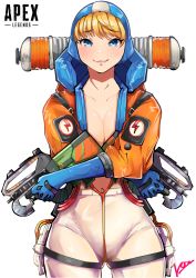 Rule 34 | 1girl, animification, apex legends, backpack, bag, blonde hair, blue eyes, blue headwear, blush, bodysuit, breasts, cleavage, collarbone, copyright name, dual wielding, gun, highres, holding, holding gun, holding weapon, hood, hooded jacket, jacket, loa (loa apex more), logo, medium breasts, navel, open bodysuit, open clothes, orange jacket, prowler smg, smile, submachine gun, thigh strap, wattson (apex legends), weapon, white bodysuit