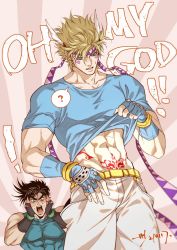 Rule 34 | 2boys, ?, abs, battle tendency, blonde hair, blue eyes, blue gloves, blue shirt, blush, bracelet, brown hair, caesar anthonio zeppeli, clothes lift, collarbone, commentary, confused, dated, english commentary, english text, eyebrows hidden by hair, facial mark, feather hair ornament, feathers, fingerless gloves, gloves, green eyes, hair ornament, hands on own cheeks, hands on own face, headband, highres, jewelry, jojo no kimyou na bouken, joseph joestar, joseph joestar (young), lifting own clothes, looking down, male focus, multiple boys, muscular, muscular male, navel, open mouth, pectorals, pubic tattoo, sashiyu, shirt, shirt lift, short hair, short sleeves, signature, speech bubble, spoken question mark, surprised, sweatdrop, symbol-only commentary, t-shirt, tattoo, triangle print