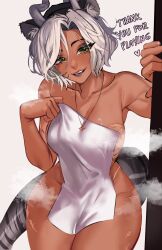 Rule 34 | 1girl, animal ears, breasts, commentary, covering privates, dark-skinned female, dark skin, english commentary, english text, green eyes, grey hair, highres, horns, indie virtual youtuber, jewelry, large breasts, leaning forward, looking at viewer, necklace, nude cover, sansin jin, scar, second-party source, short hair, solo, suliavtuber, tail, teeth, thighhighs, towel, virtual youtuber