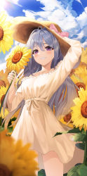 Rule 34 | 1girl, :d, absurdres, arm up, bare shoulders, blue hair, blush, bra strap, breasts, brown hat, cloud, cloudy sky, collarbone, copyright request, cowboy shot, day, dress, flower, hand on headwear, hat, highres, holding, holding flower, k.j., lens flare, long hair, long sleeves, medium breasts, off-shoulder dress, off shoulder, open mouth, outdoors, parted lips, purple eyes, sky, smile, solo, standing, sun hat, sunflower, sunlight, very long hair, virtual youtuber, yellow dress, yellow flower