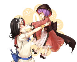 2girls aili_(aliceandoz) black_hair bow bowl carrying dress highres horns japanese_clothes kijin_seija kimono multicolored_hair multiple_girls open_mouth purple_hair red_eyes red_hair short_hair smile streaked_hair sukuna_shinmyoumaru touhou white_hair yellow_eyes