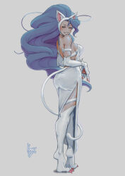 Rule 34 | 1girl, absurdres, animal ear fluff, animal ears, animal feet, animal hands, artist name, ass, bare shoulders, blue hair, breasts, cat ears, cat girl, cat tail, claws, commentary request, dress, felicia (vampire), from side, full body, grey background, grin, halterneck, highres, kumanz, long dress, long hair, looking at viewer, medium breasts, parted lips, shiny skin, signature, simple background, smile, standing, tail, vampire (game), white fur