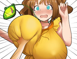 Rule 34 | 1girl, absurdres, alternate breast size, animal print, aqua eyes, bouncing breasts, breast focus, grabbing another&#039;s breast, breast lift, breasts, brown hair, collarbone, d:, deep skin, dress, frilled dress, frills, frog print, grabbing, groping, highres, huge breasts, idolmaster, idolmaster (classic), kumako (kumakonoh), motion lines, open mouth, pov, pov hands, ribbon, simple background, skindentation, sleeveless, sleeveless dress, solo focus, surprised arms, takatsuki yayoi, tears, twintails, unaligned breasts, upper body, wavy mouth, white background, yellow dress, yellow ribbon
