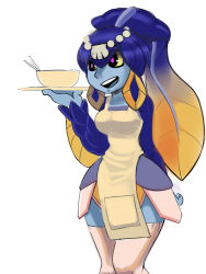 Rule 34 | 1girl, apron, artist request, blue skin, blunt bangs, bowl, breasts, chopsticks, colored sclera, colored skin, fins, fish girl, minette (skullgirls), monster girl, narrow waist, non-web source, pink eyes, scales, shell, skullgirls, smile, solo, thighhighs, waitress, yellow sclera