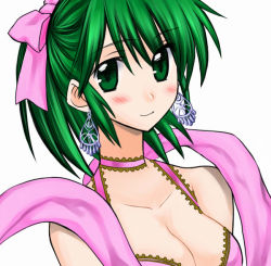 Rule 34 | 1girl, 74, blush, breasts, cleavage, dancer, earrings, fire emblem, fire emblem: genealogy of the holy war, green eyes, green hair, jewelry, large breasts, lene (fire emblem), matching hair/eyes, nintendo, ribbon, solo