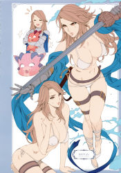 Rule 34 | 10s, 1girl, absurdres, armor, belt, belt skirt, bikini, bikini top only, blush, breasts, brown hair, character name, cleavage, covered erect nipples, closed eyes, feet, full body, gauntlets, granblue fantasy, highres, holding, holding weapon, katalina (granblue fantasy), large breasts, legs, long hair, looking at viewer, navel, oda non, open mouth, orange eyes, over shoulder, sandals, scabbard, serious, shawl, sheath, sitting, smile, swimsuit, sword, thigh strap, thighs, thong, weapon