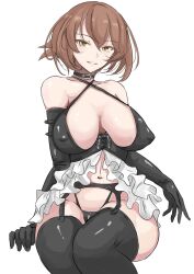 Rule 34 | 1girl, absurdres, bdsm, black thighhighs, bondage, bound, breasts, brown hair, collarbone, covered erect nipples, criss-cross halter, elbow gloves, garter straps, gloves, green eyes, grin, halterneck, highres, kantai collection, ken (shutenndouji1), large breasts, looking at viewer, maid, mutsu (kancolle), navel, simple background, smile, solo, thighhighs, white background