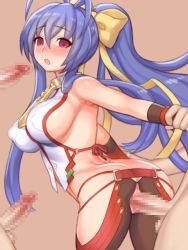 Rule 34 | 1girl, antenna hair, ass, blank stare, blazblue, blazblue: central fiction, blazblue variable heart, blue hair, blush, bow, breasts, censored, cowboy shot, doggystyle, elbow gloves, genderswap, genderswap (mtf), gloves, hair bow, halterneck, highres, hip vent, large breasts, long hair, mai natsume, no bra, open mouth, pants, penis, pink eyes, ponytail, pussy, rape, sex, sex from behind, sideboob, solo focus, vaginal, very long hair