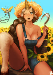Rule 34 | 1girl, bare shoulders, braid, breasts, brown hair, cleavage, farmer, flower, hat, highres, hooves, horns, instant ip, kog&#039;maw, large breasts, league of legends, long hair, monster girl, naked overalls, one eye closed, open mouth, overalls, pointy ears, sickle, single horn, smile, soraka (league of legends), strap slip, straw hat, sunflower, thighs, very long hair, wink