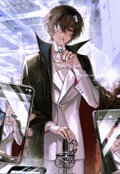 Rule 34 | 1boy, 23cifang, ascot, bandage over one eye, bandaged arm, bandages, black coat, black hair, black nails, brooch, bungou stray dogs, cellphone, closed mouth, coat, coat on shoulders, cowboy shot, dazai osamu (bungou stray dogs), finger to mouth, hand up, highres, jacket, jewelry, long sleeves, male focus, pants, phone, red eyes, ring, shirt, shushing, smartphone, solo, standing, sword, weapon, white jacket, white pants, white shirt