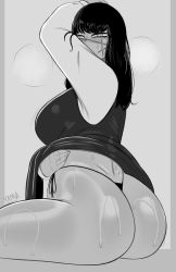 Rule 34 | 1girl, absurdres, artist name, ass, black hair, blush, breasts, chainsaw man, clothes lift, greyscale, highres, huge ass, large breasts, lifting own clothes, long hair, long sleeves, looking at viewer, monochrome, scar, scar on face, school uniform, sitting, skirt, skirt lift, solo, sweat, thick thighs, thighs, thong, yamathegod, yoru (chainsaw man)