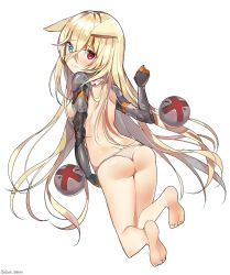 Rule 34 | 1girl, ass, bad id, bad pixiv id, barefoot, blonde hair, blue eyes, breasts, crossed bangs, from behind, full body, g41 (girls&#039; frontline), girls&#039; frontline, hair over breasts, hair over one breast, heterochromia, kurut, long hair, looking at viewer, looking back, mechanical arms, panties, red eyes, simple background, small breasts, solo, thighs, topless, underwear, white background, white panties