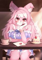 Rule 34 | 1girl, :3, absurdres, animal ear fluff, animal ears, animal hands, animal nose, bangle, bare shoulders, blue bow, blue bowtie, blush, body fur, bow, bowtie, bracelet, breasts, cake, cake slice, closed mouth, coffee, colored tips, commission, cup, dress, drink, envelope, facial mark, fangs, fangs out, female focus, food, fox ears, fox girl, fox tail, frilled dress, frills, fruit, furry, furry female, hand on own cheek, hand on own face, hand up, happy, head rest, head tilt, heart, highres, hukhuk2, indoors, jewelry, large breasts, letter, long hair, looking at viewer, love letter, multicolored hair, off-shoulder dress, off shoulder, on stool, original, pawpads, pink fur, pink hair, plate, purple dress, red eyes, saucer, short dress, sidelocks, sitting, smile, solo, sparkle, stool, straight-on, strawberry, swept bangs, table, tail, teacup, two-tone fur, two-tone hair, whisker markings, white bow, white fur, white hair