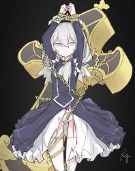 Rule 34 | 1girl, black background, black dress, blue eyes, chain, closed mouth, cross (weapon), dress, error1980, highres, honkai (series), honkai impact 3rd, long hair, long sleeves, looking at viewer, nun, panties, signature, simple background, solo, theresa apocalypse, theresa apocalypse (valkyrie pledge), thighhighs, torn clothes, torn dress, underwear, white hair, white panties, white thighhighs