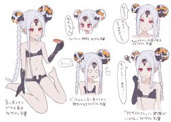 Rule 34 | 1girl, abigail williams (fate), abigail williams (swimsuit foreigner) (fate), abigail williams (swimsuit foreigner) (first ascension) (fate), bare shoulders, bikini, black bikini, black bow, bow, breasts, closed mouth, collarbone, colored skin, double bun, eating, fate/grand order, fate (series), forehead, hair bun, hat, keyhole, kopaka (karda nui), legs, long hair, micro bikini, multiple bows, multiple views, navel, open mouth, orange bow, parted bangs, pink eyes, sidelocks, sitting, small breasts, smile, speech bubble, squiggle, swimsuit, thighs, third eye, translation request, very long hair, wariza, white hair, white skin