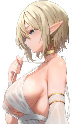 Rule 34 | 1girl, anza tomo, blonde hair, blue eyes, breasts, choker, copyright request, dress, elf, highres, large breasts, pointy ears, short hair, simple background, solo, upper body, white background, white dress, yellow choker