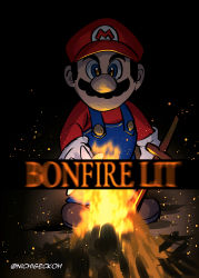 Rule 34 | 1boy, black background, black hair, blue eyes, blurry, blurry foreground, bonfire, brown footwear, commentary request, crossover, dark souls (series), facial hair, fire, gloves, hat, highres, looking at viewer, mario, mustache, nichigeckoh, nintendo, overalls, red hat, red shirt, shirt, short hair, solo, super smash bros.