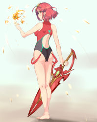 Rule 34 | 1girl, agnus-dei, black one-piece swimsuit, competition swimsuit, covered collarbone, covered navel, gem, headpiece, highres, one-piece swimsuit, pyra (pro swimmer) (xenoblade), pyra (xenoblade), red eyes, red hair, red one-piece swimsuit, ribbed swimsuit, short hair, strapless, strapless one-piece swimsuit, swept bangs, swimsuit, tiara, two-tone swimsuit, xenoblade chronicles (series), xenoblade chronicles 2