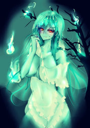 Rule 34 | 1girl, absurdres, aqua hair, aqua theme, bare tree, blue fire, breasts, covering privates, female focus, fire, floating, floating object, ghost, highres, hitodama, lapaco, large breasts, long hair, long sleeves, looking at viewer, midriff, monster girl, navel, original, red eyes, saliva, saliva trail, see-through, smile, solo, tree, veil